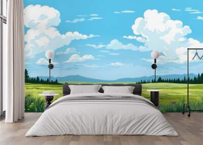 Grass Field landscape with blue sky and white cloud. Blue sky clouds sunny day wallpaper. Cartoon illustration of a Grass Field with blue sky in Summer. green field in a day. Wall mural