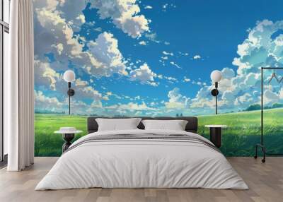 Grass Field landscape with blue sky and white cloud. Blue sky clouds sunny day wallpaper. Cartoon illustration of a Grass Field with blue sky in Summer. green field in a day. Wall mural