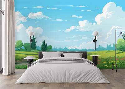 Grass Field landscape with blue sky and white cloud. Blue sky clouds sunny day wallpaper. Cartoon illustration of a Grass Field with blue sky in Summer. green field in a day. Wall mural