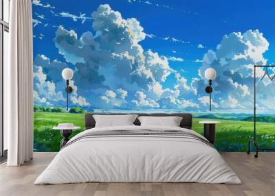 Grass Field landscape with blue sky and white cloud. Blue sky clouds sunny day wallpaper. Cartoon illustration of a Grass Field with blue sky in Summer. green field in a day. Wall mural