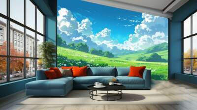 Grass Field landscape with blue sky and white cloud. Blue sky clouds sunny day wallpaper. Cartoon illustration of a Grass Field with blue sky in Summer. green field in a day. Wall mural