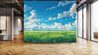 Green field with bright blue sky and fluffy white clouds, summer landscape scenery. Wall mural