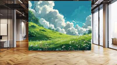 Peaceful green field with fluffy clouds and blue sky in a beautiful digital painting. Concept of nature, serenity, summer, outdoors, and landscape. Wall mural