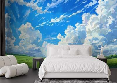 Stunning digital illustration of a green meadow under a bright blue sky with fluffy white clouds.  Concept of tranquility, peace, relaxation, nature and dreamscape. Wall mural