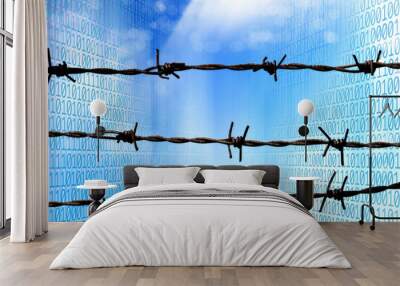 conceptual internet security image of barbed wire fence over shiny binary code of one and zero Wall mural