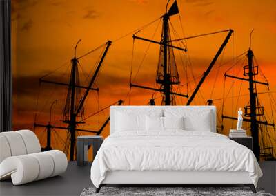 sailing boats silhouetted by sunset light in harbor of Antalya, Turkey Wall mural