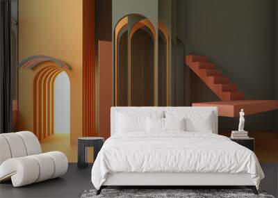 3d render illustration in modern geometric style arch and stairs in trendy minimal interior gradient Wall mural