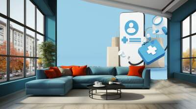 Concept of remote patient medical care with video call or VR through the phone on the online system to reach patients in a short time future medical care concept. on blue background. 3d rendering Wall mural