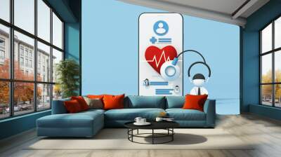 Concept of remote patient medical care with video call or VR through the phone on the online system to reach patients in a short time future medical care concept. on blue background. 3d rendering Wall mural