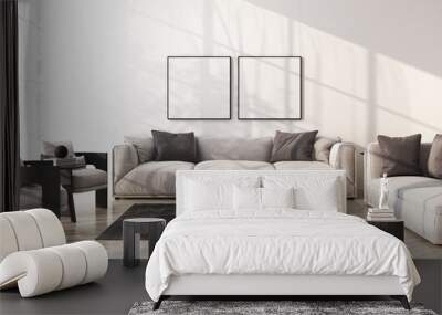 Gray sofa with armchair on wooden floor in white room 3d rendering Wall mural