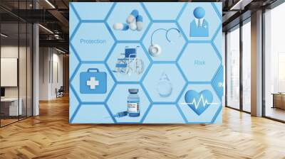 Health insurance concept with words coverage, protection, risk, and security online medicine on a virtual screen and a cartoon wood hand touching a button, isolated on blue background 3d rendering Wall mural