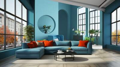 Interior concept of memphis design colorful, Armchair with console and plant. 3d render Wall mural