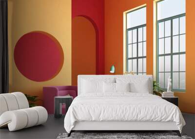 Interior concept of memphis design colorful, Armchair with console and prop. 3d render Wall mural