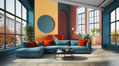 Interior concept of memphis design colorful, Armchair with console and prop. 3d render Wall mural