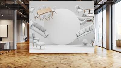 interior design concept Sale of home decorations and furniture During promotions and discounts, it is surrounded by beds, sofas, armchairs and advertising spaces banner. white background. 3d render Wall mural