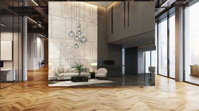 Mainhall reception waiting area in condominium or hotel with luxury furniture and marble texture in grey tone color 3d rendering Wall mural