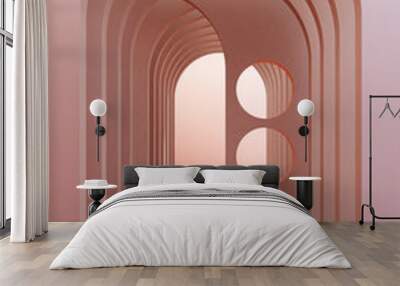 Minimalistic,pink color arch hallway architectural corridor with empty wall. 3d render, minimal. Wall mural