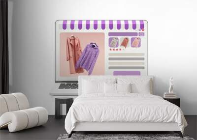 Online store concept on laptop screen with striped awning and coat and sweater dress pastel color on screen with buy icon and comment review. on purple background realistic 3d rendering PSD Wall mural