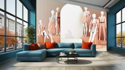 Statue of model mannequin in showcasing fashion formal clothes in abstract concept. isolate on multi color pastel background. promotion discount sale with geometric shape product stand. 3d rendering Wall mural