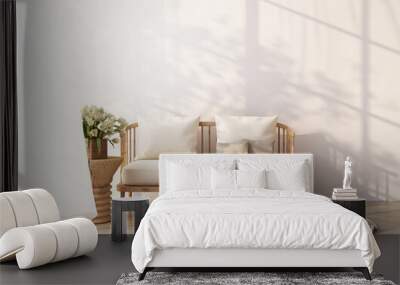 white sofa on wooden floor Light shines through the window and shadows fall on it. with white wall and sheer 3d rendering Wall mural