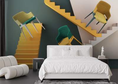 yellow and green color chairs, sofa, armchair in empty background. surrounding by geometric shape Concept of minimalism & installation art. 3d rendering mock up Wall mural