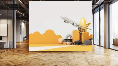 yellow suitcase with travel accessories on yellow background. travel concept with airplane. 3d rendering Wall mural