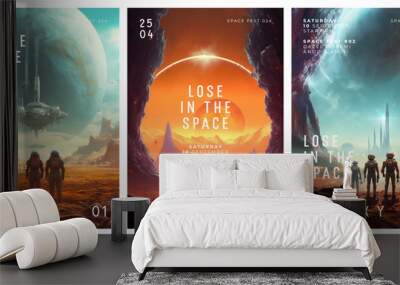 Space and science fiction. Set of vector illustrations for poster, cover or banner. Illustration of space Wall mural