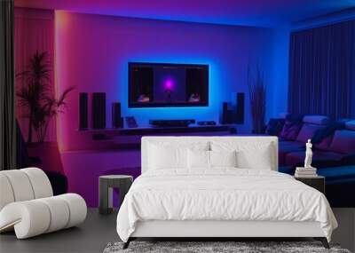 Modern Living Room with LED Lighting and Home Theater System Wall mural