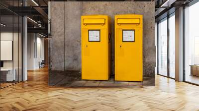 Two vibrant yellow mailboxes stand side by side against a gray stone wall Wall mural