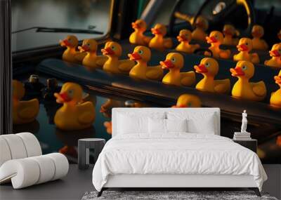  a dashboard of a car full of different rubbery duck standing in the line, illuminated by abundant natural daylight Wall mural