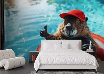 a beaver in a red baseball cap relaxing on a pool float giving thumbs up, summer day Wall mural