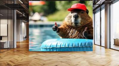 a beaver in a red baseball cap relaxing on a pool float giving thumbs up, summer day Wall mural