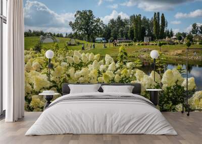 A picturesque field of blooming white hydrangea flowers curves around a tranquil pond with tall trees and a clear blue sky in the background. The peaceful environment offers ample. Wall mural