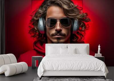 Creative young man with hi-tech glasses and headphones on vibrant monochrome backdrop Wall mural