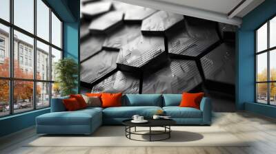 hex pattern grayscale carbon fiber 3d clean uniform, modern background, technology, dark, black Wall mural