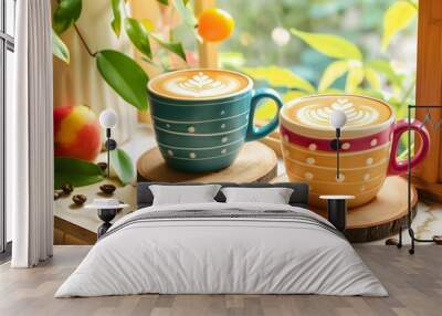 two bright colorful cups with latte art designs on top, placed on a wooden coaster Wall mural