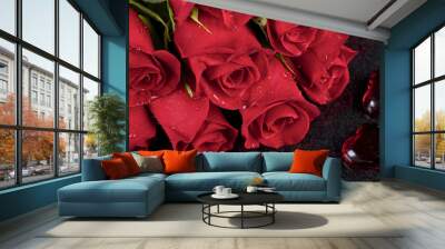 Red roses and two red glass hearts on black ceramic background Wall mural