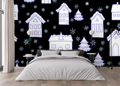 Seamless winter pattern with European houses in cartoon style. Wall mural