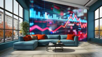 Close-up digital screen with rising red lines graph symbolizing inflation and interest rates, economic growth and monetary policy concept. Wall mural