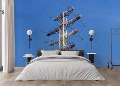 high voltage post. High-voltage tower sky background. Wall mural