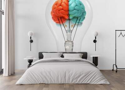 3D rendering light bulb with brain inside illustration isolated on white BG Wall mural