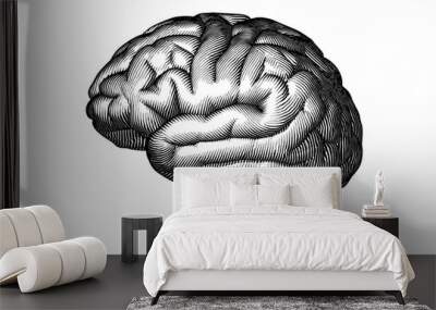 Black woodcut drawing brain isolated on white BG Wall mural