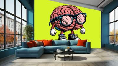 cartoony brain character with glasses on green BG Wall mural