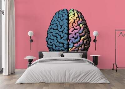 Engraved woodcut pen and ink drawing of top view hemisphere brain separated with blue side and colorful rainbow side vector illustration isolated on pink background Wall mural