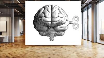 Vintage drawing brain and wind up key on white BG Wall mural