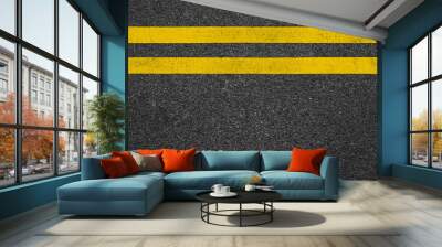 Surface grunge rough of asphalt, Dark grey with double yellow line on the road and small rock, Texture Background, Top view Wall mural