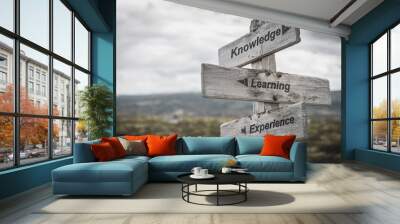 knowledge learning experience text on wooden sign outdoors. Wall mural