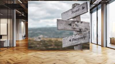 road to recovery text engraved on wooden signpost outdoors in nature. Panorama format. Wall mural