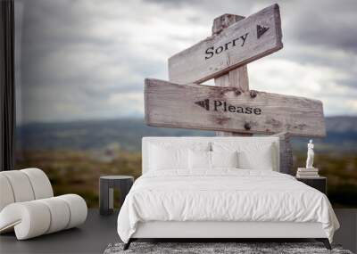 sorry please thank you text engraved on old wooden signpost outdoors in nature. Quotes, words and illustration concept. Wall mural