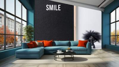 The word smile on black letter board with happy troll on white desk. Interior and word concept. Wall mural